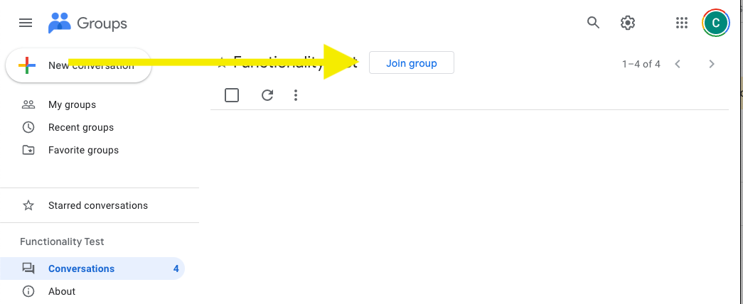 Arrow pointing to Join Groups Button in Google Groups UI