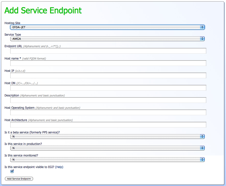 GOCDB screen shot for creating a Service Endpoint