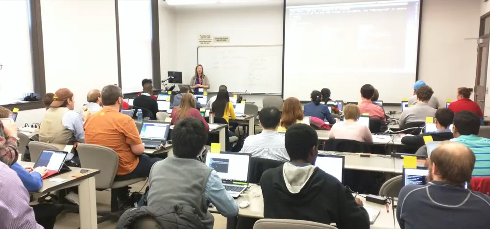 Participants with laptops at the Software Carpentry workshop at the University of Nebraska-Lincoln