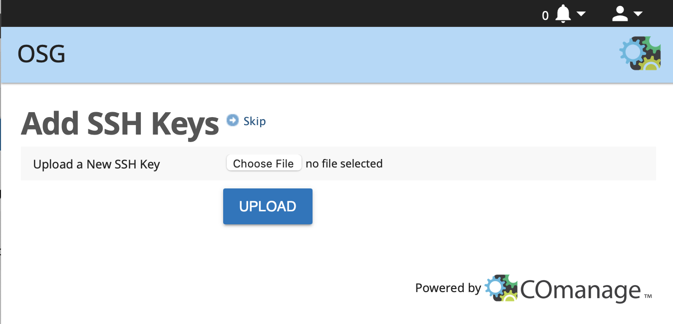 COManage SSH upload page