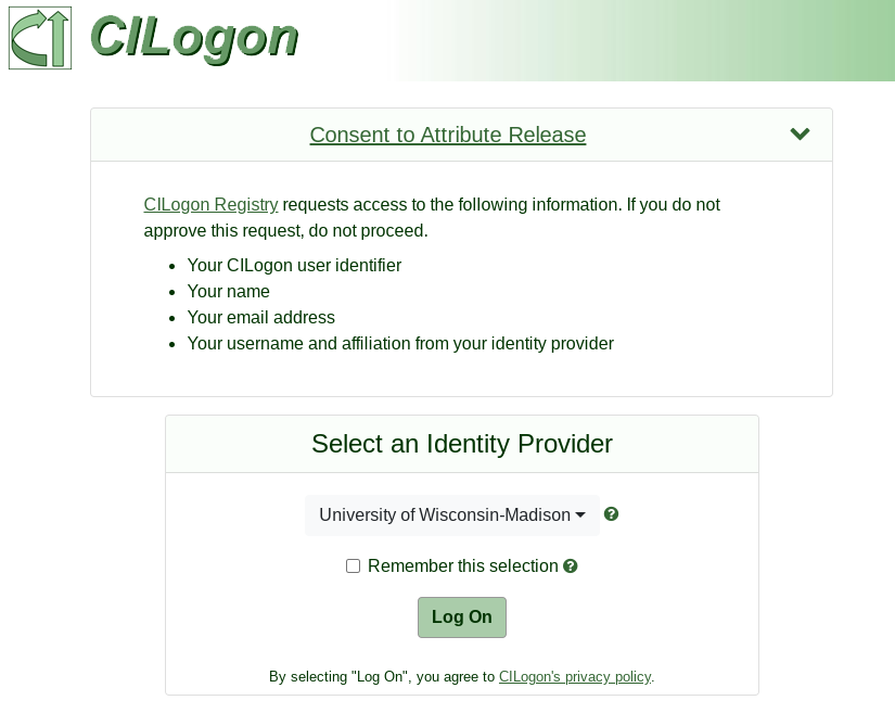 CILogon Single-Sign On page